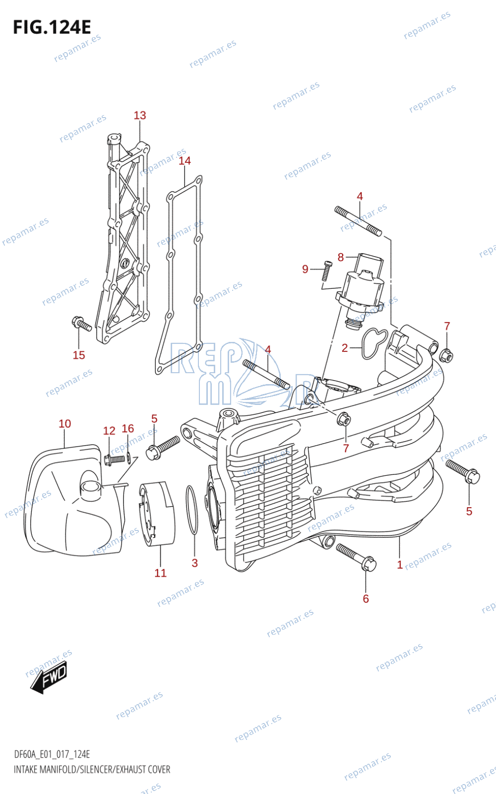 124E - INTAKE MANIFOLD /​ SILENCER /​ EXHAUST COVER (DF50A:E01)