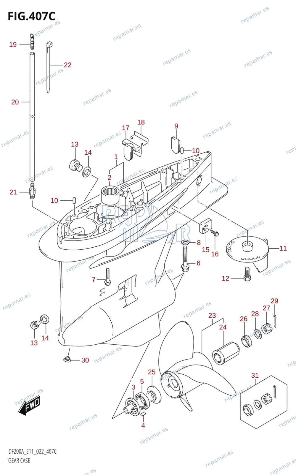 407C - GEAR CASE (DF200AZ:(E01,E40):020,DF200AZ:(E11,E40):(021,022))