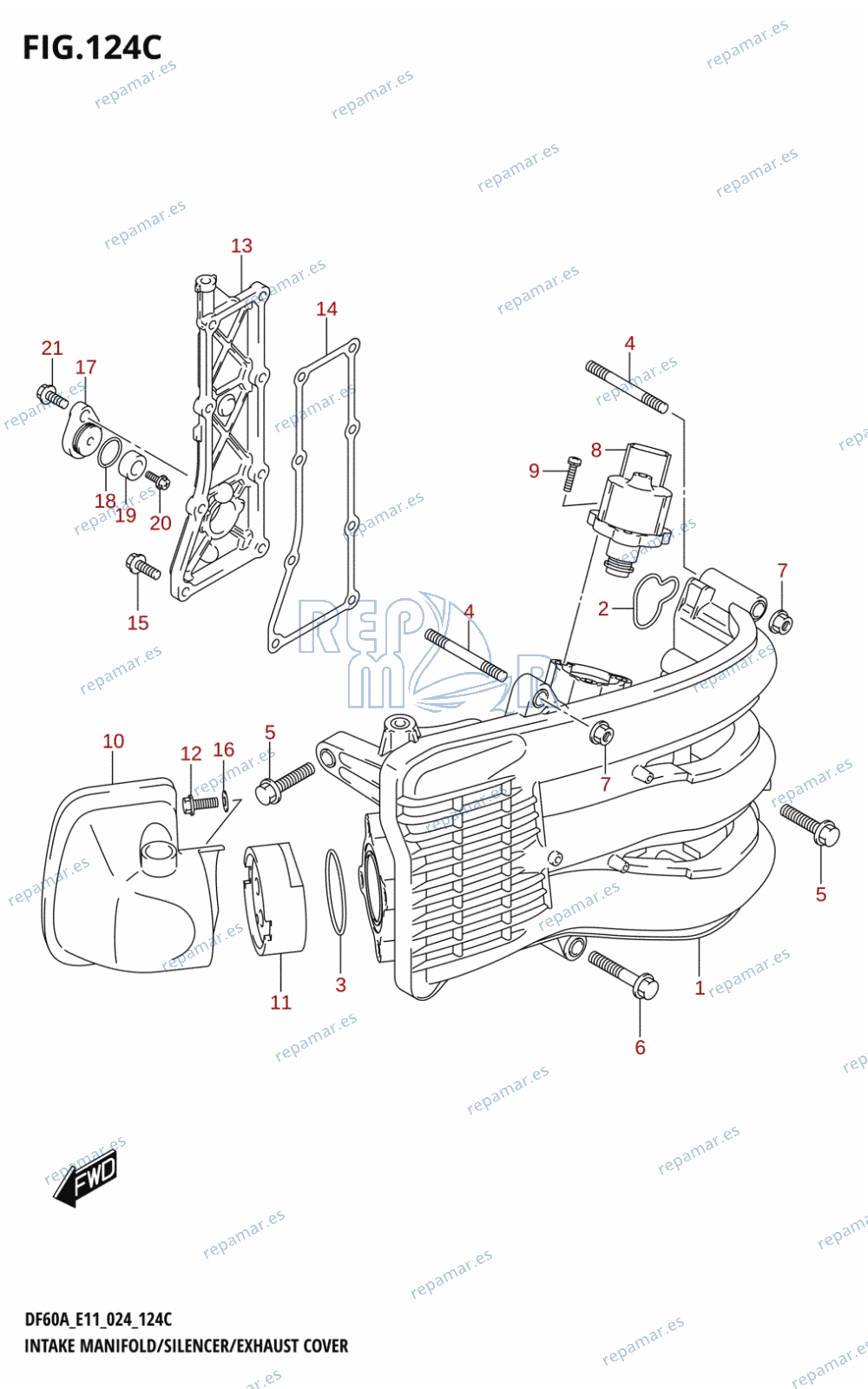 124C - INTAKE MANIFOLD /​ SILENCER /​ EXHAUST COVER (DF50A,DF50ATH,DF50AVT)